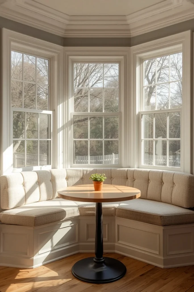 kitchen bay window nook shot, featuring a curved built-in banquette upholstered in warm cream boucle 