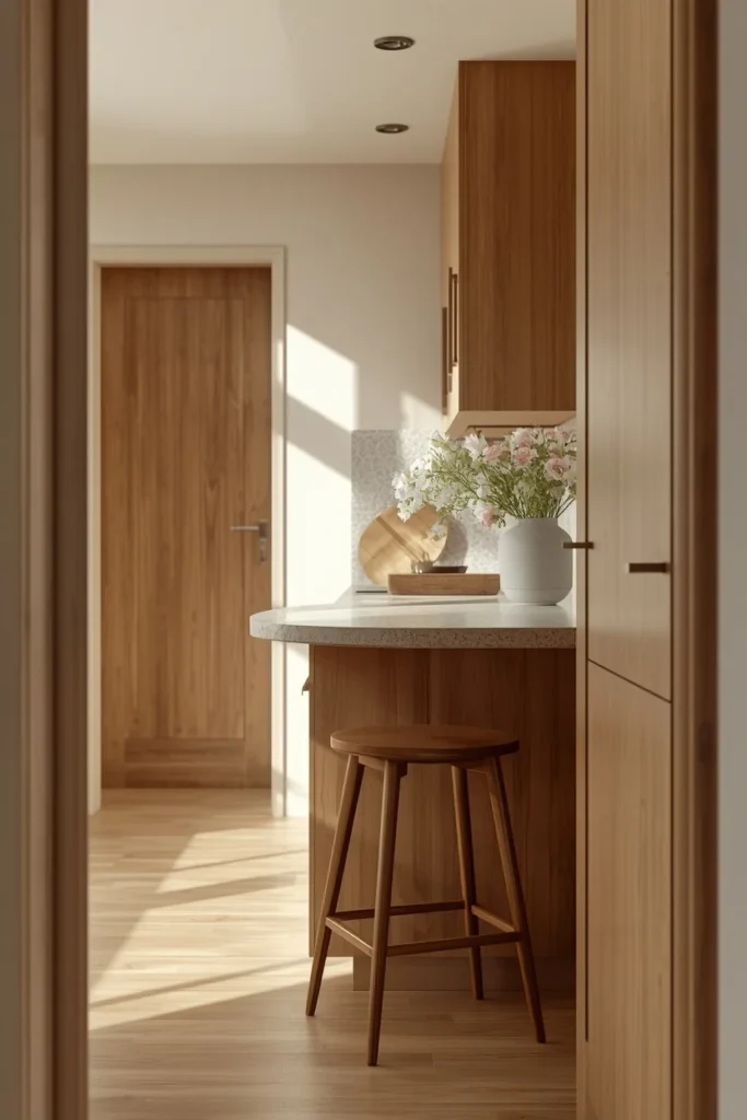 17 Curved Kitchen Peninsula Ideas for Better Small-Space Flow 2 galley kitchen close-up, featuring a shallow rounded peninsula capping the end of a narrow cabinet run