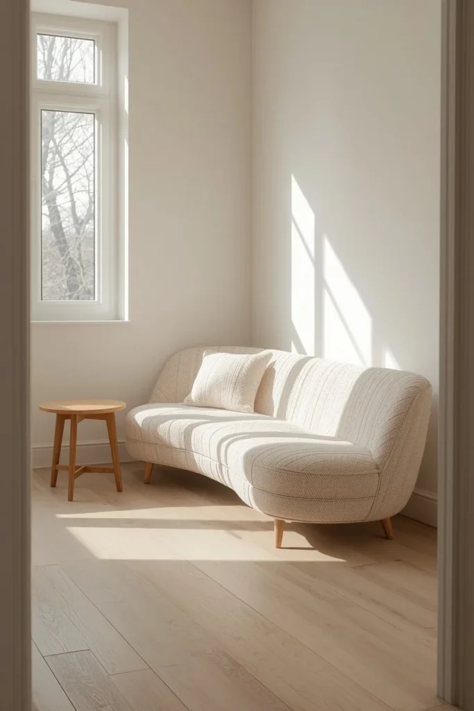 small living room shot, featuring a curved cream boucle sofa angled diagonally into a room corner