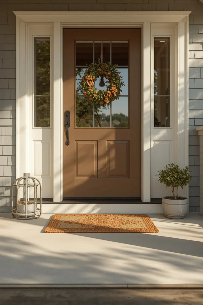 front porch entry, featuring a simple cream and rust woven doormat