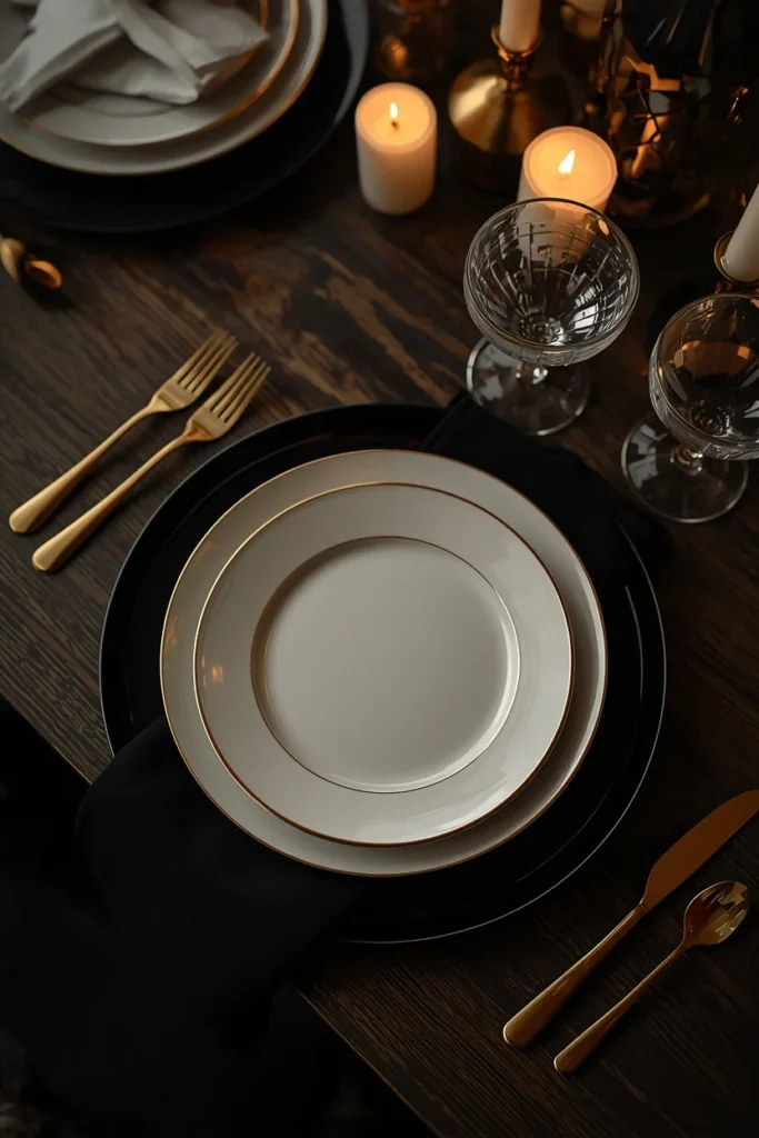 18 Elegant Halloween Dining Table Ideas for a Chic Fright Night 2 place setting close-up, featuring a black charger plate topped with a white dinner plate