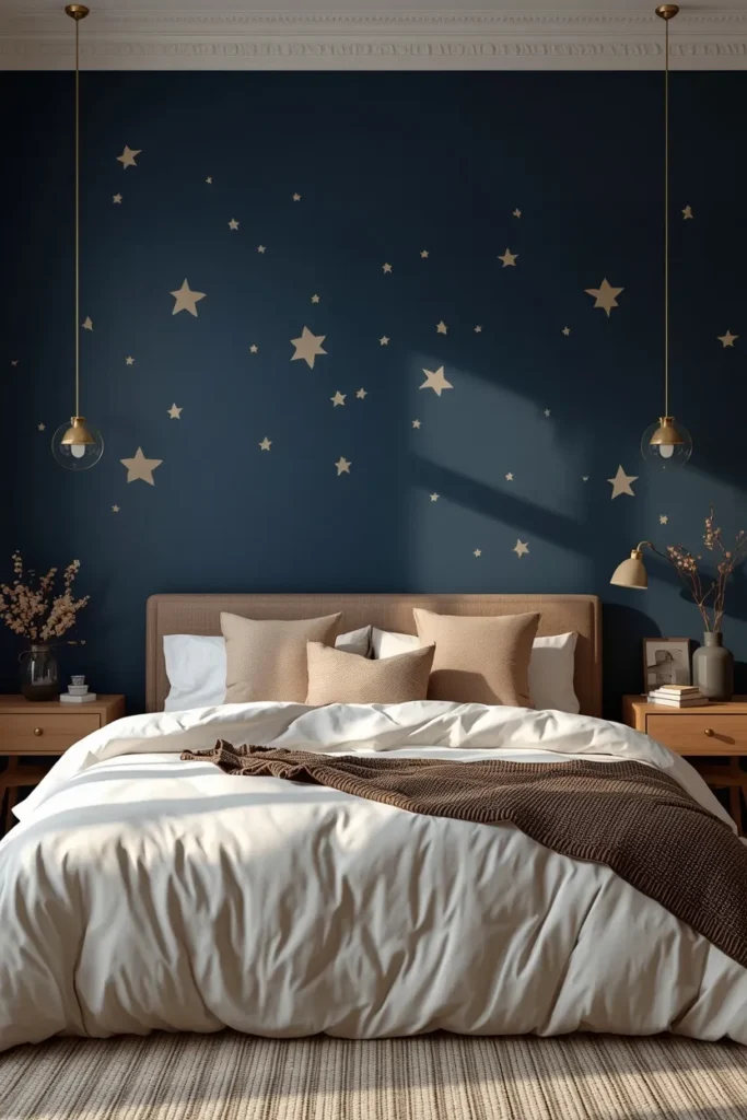  bedroom, featuring a deep navy accent wall behind the bed with a subtle hand-painted star