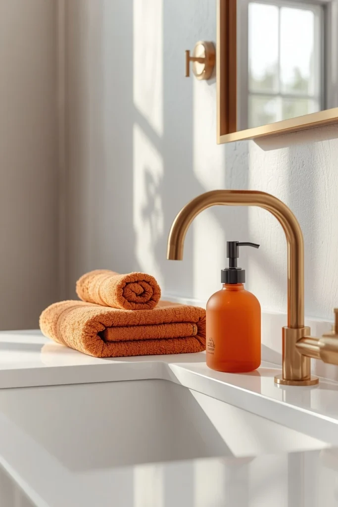 15 Fall Bathroom Decor Ideas for a Cozy Season Refresh 2 bathroom, featuring warm terracotta hand towels and a matching amber soap dispenser