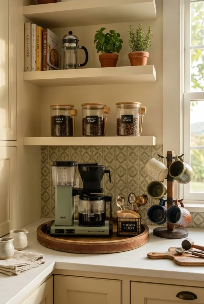  kitchen counter, featuring an organized coffee station with a coffee maker,