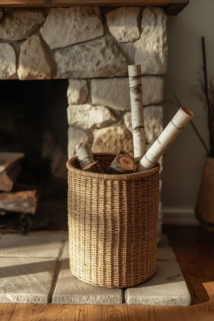 16 Fall Decor Ideas for the Space in Front of Your Fireplace 2 living room fireplace, featuring a tall woven seagrass basket filled with birch logs positioned beside the hearth