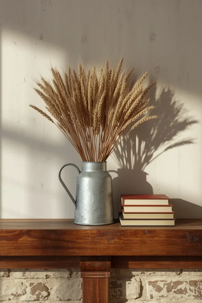  farmhouse living room mantel, featuring a bundle of dried wheat in a galvanized metal pitcher