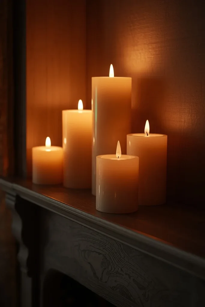 fireplace mantel close-up, featuring a cluster of five pillar candles in varying heights 