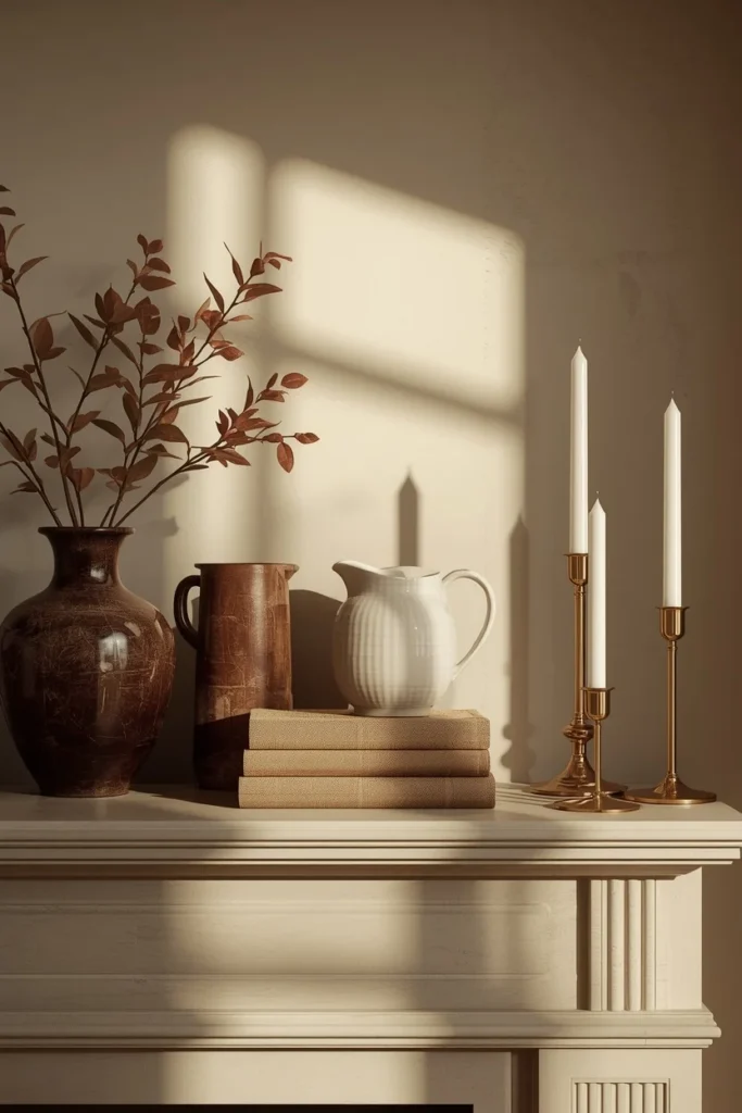  living room mantel, featuring deep chocolate brown ceramic vases, a cream pitcher