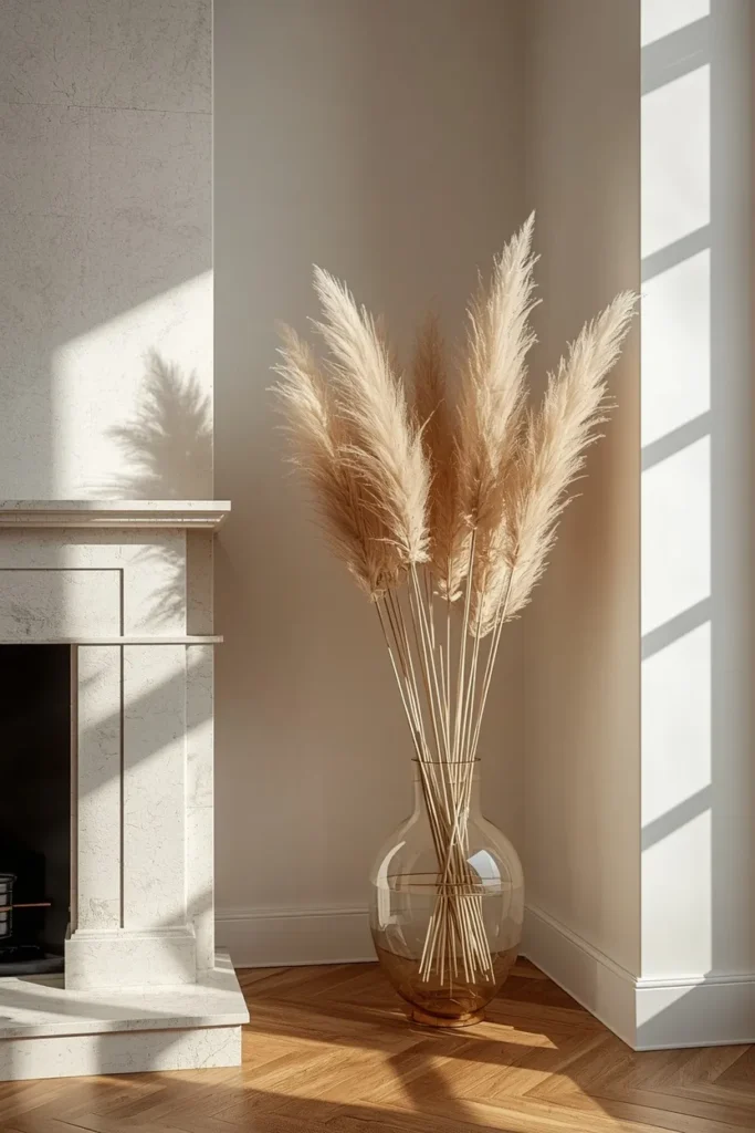  living room corner, featuring a tall floor vase filled with fluffy beige pampas grass