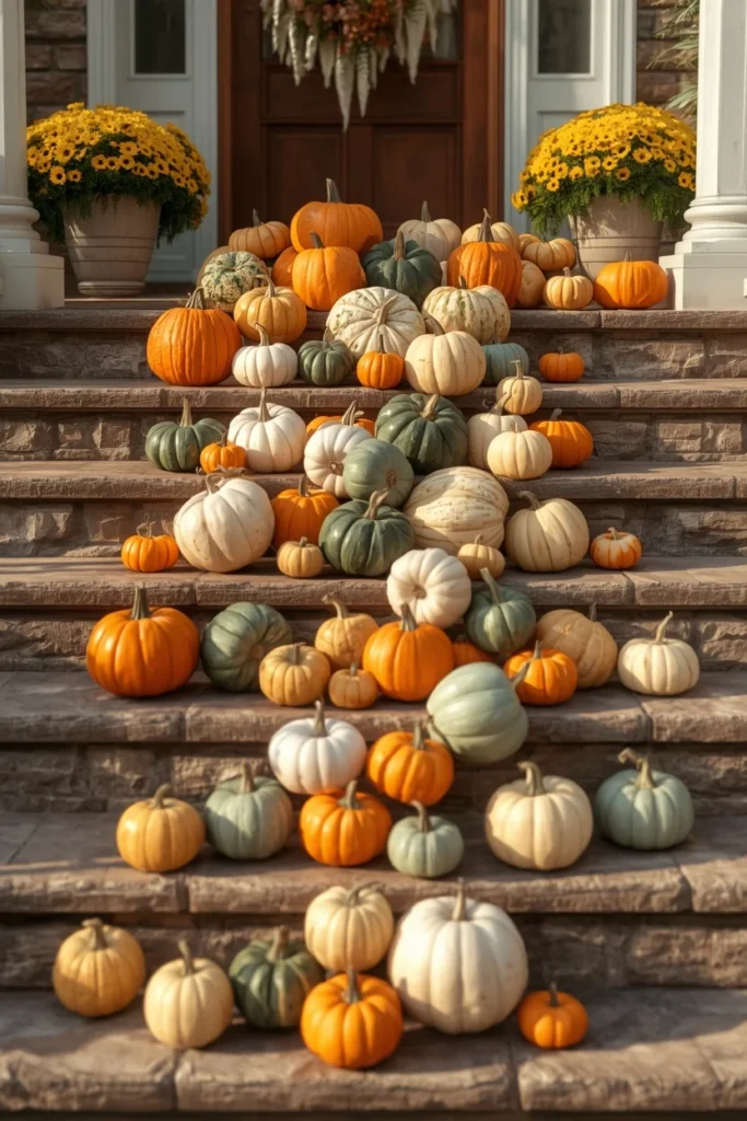 23 Fall Front Porch Decor Ideas Neighbors Will Envy 2 front porch steps, featuring a cascading display of white, heirloom green, and orange pumpkins