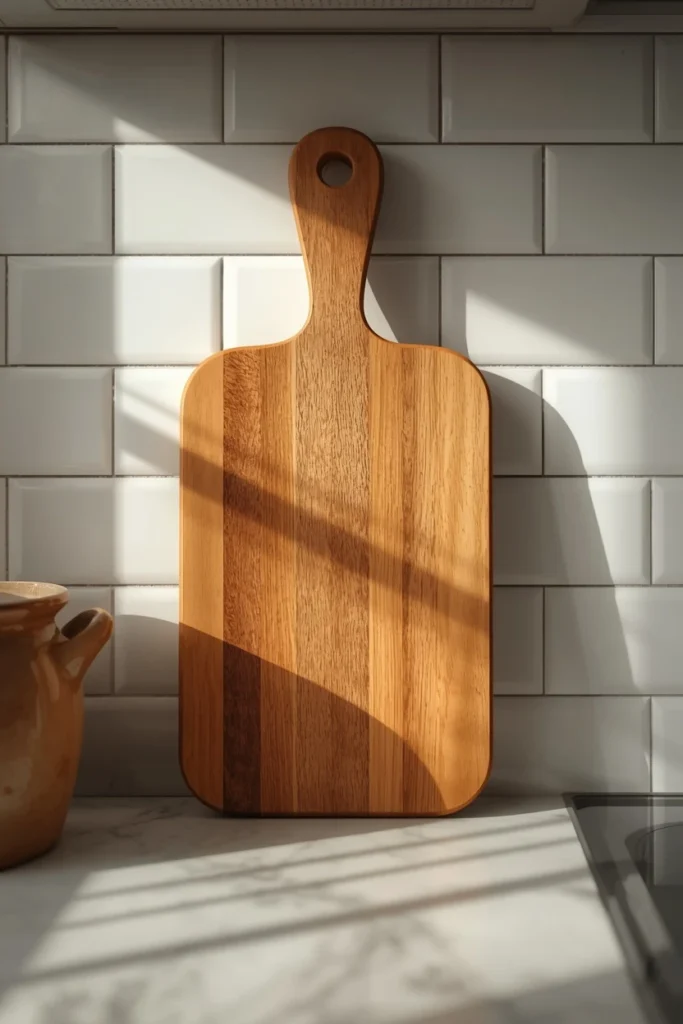 17 Fall Kitchen Countertop Decor Ideas That Feel Cozy, Not Cluttered 2 kitchen counter close-up, featuring a warm honey-toned wood cutting board