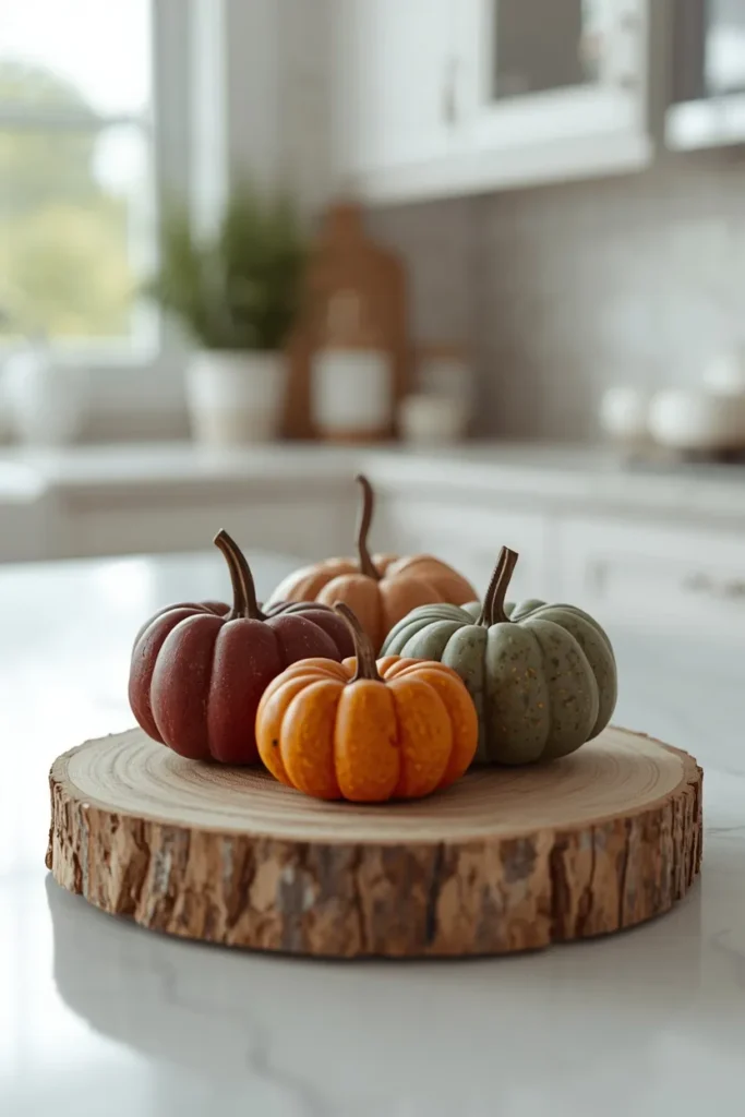 20 Fall Kitchen Decor Ideas That Are Easy to Recreate 2 kitchen island close-up, featuring a raw wood slice topped with three small heirloom pumpkins