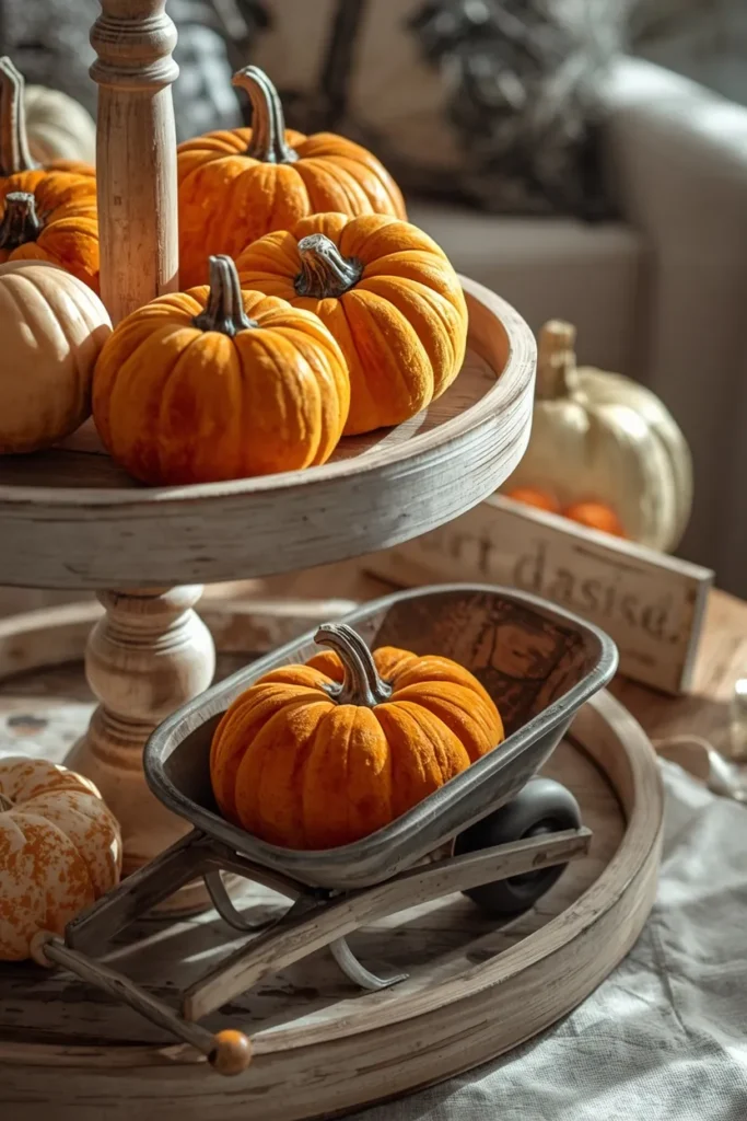 tiered tray close-up, featuring velvet pumpkins spilling from a small toy