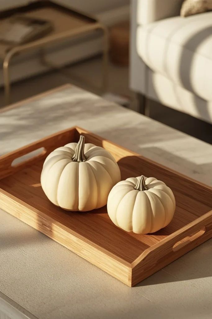 15 Fall Tray Decor Ideas to Style Your Coffee Table Like a Pro 2 coffee table close-up, featuring a simple wood tray holding two cream pumpkins