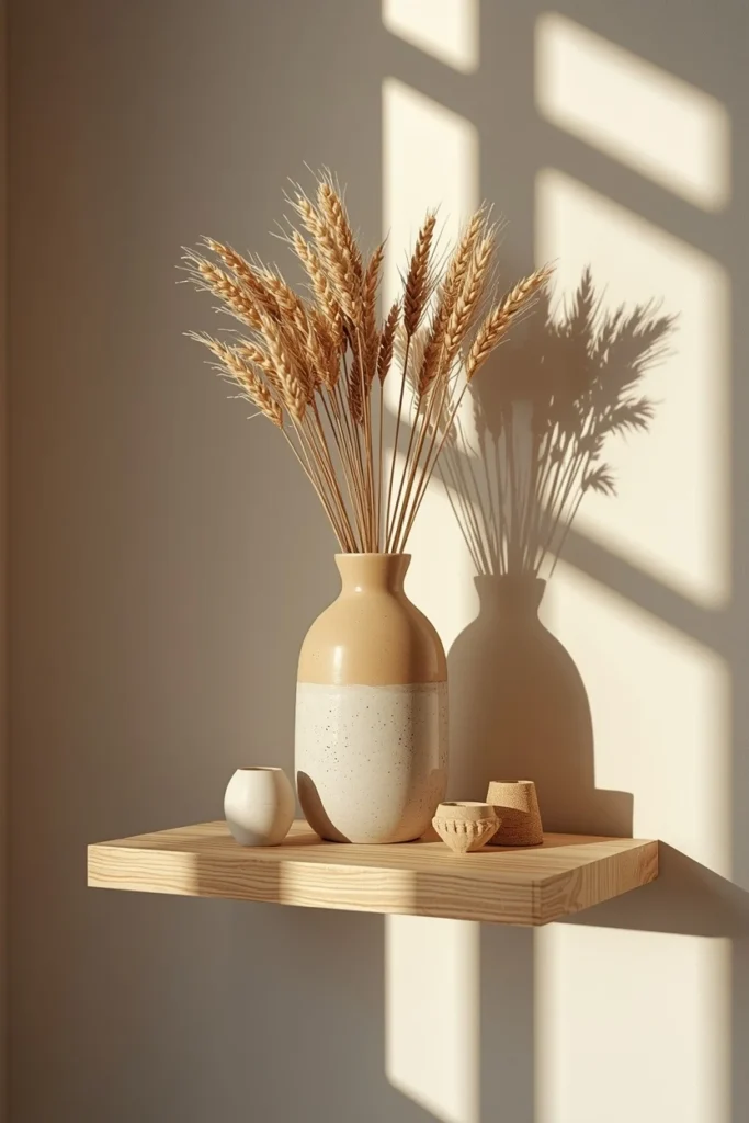  floating shelf, featuring a tall ceramic vase filled with dried wheat as the anchor piece 