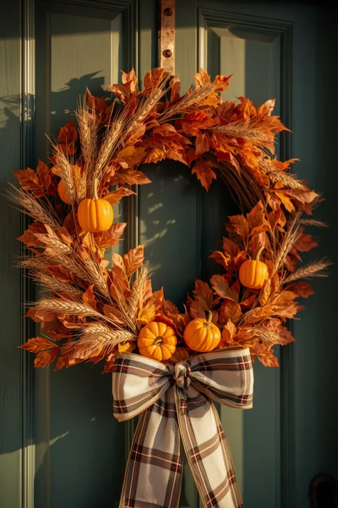 24 Fall Wreath Ideas to Welcome the Season in Style 2 front door close-up, featuring a grapevine wreath layered with rust and amber faux leaves, mini pumpkins