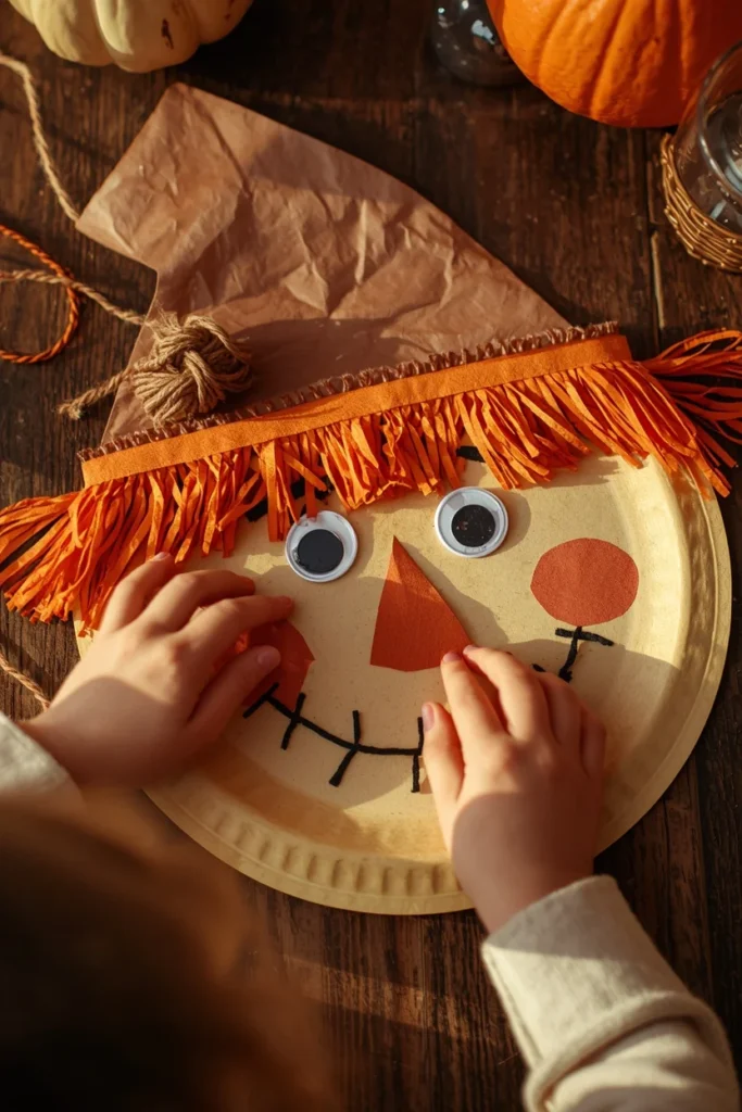19 Fun DIY Scarecrow Ideas for fall that Kids Will Love Making 2 craft table close-up, featuring a paper plate scarecrow face decorated with orange paper fringe