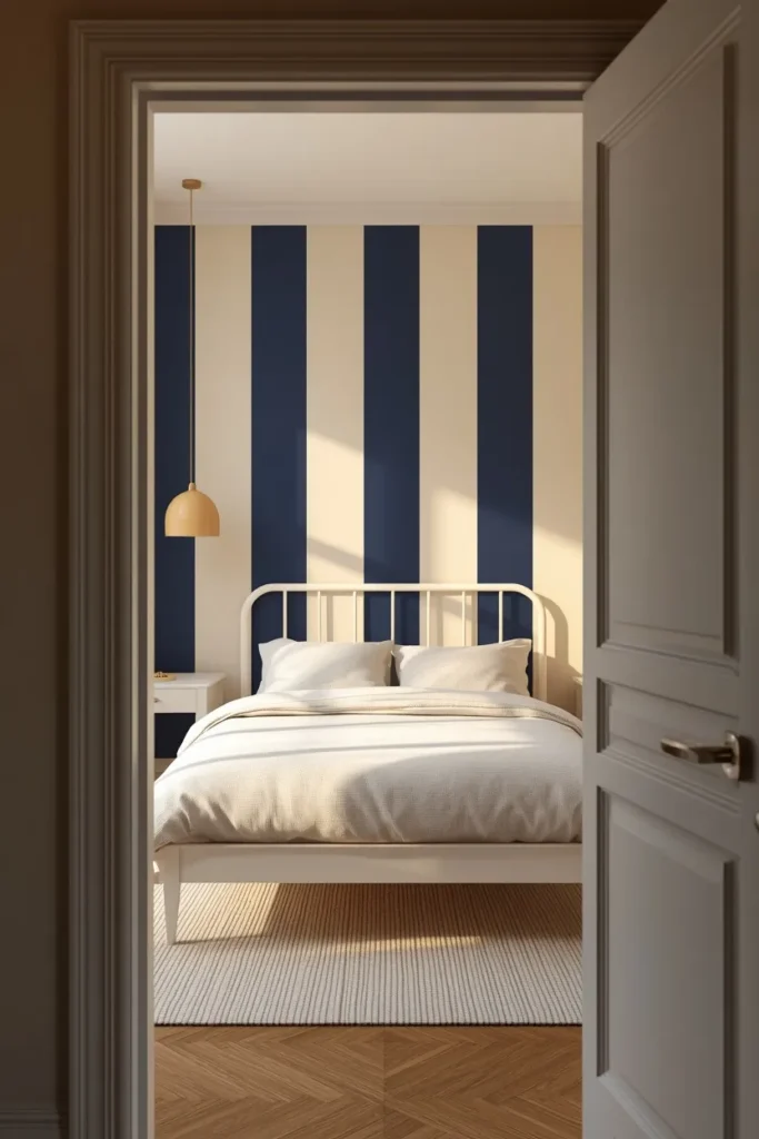 15 FunHaus Interior Ideas for a Bold, Playful Home That Breaks the Rules 2 bedroom shot, featuring a bold navy and cream striped accent wall