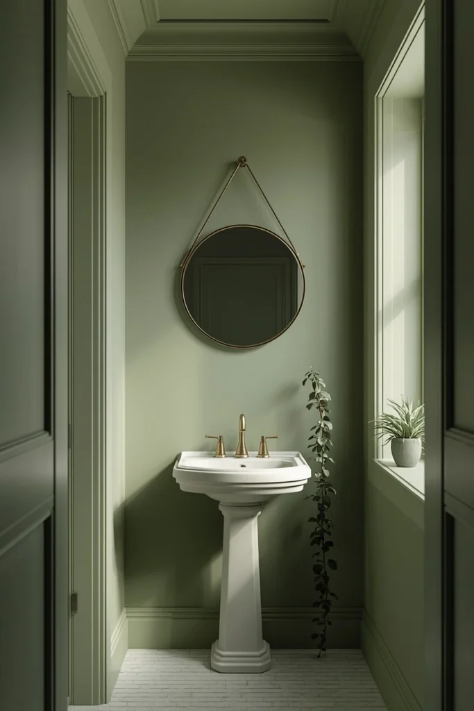 21 Green Bathroom Ideas That Bring Nature's Calm Into Your Home 2 bathroom, featuring color-drenched sage green walls, ceiling, and door trim