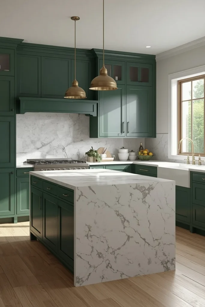 17 Green Kitchen Designs That Feel Bold, Fresh & Totally Unexpected 2 kitchen, featuring floor-to-ceiling deep emerald green shaker cabinets, a white marble waterfall island