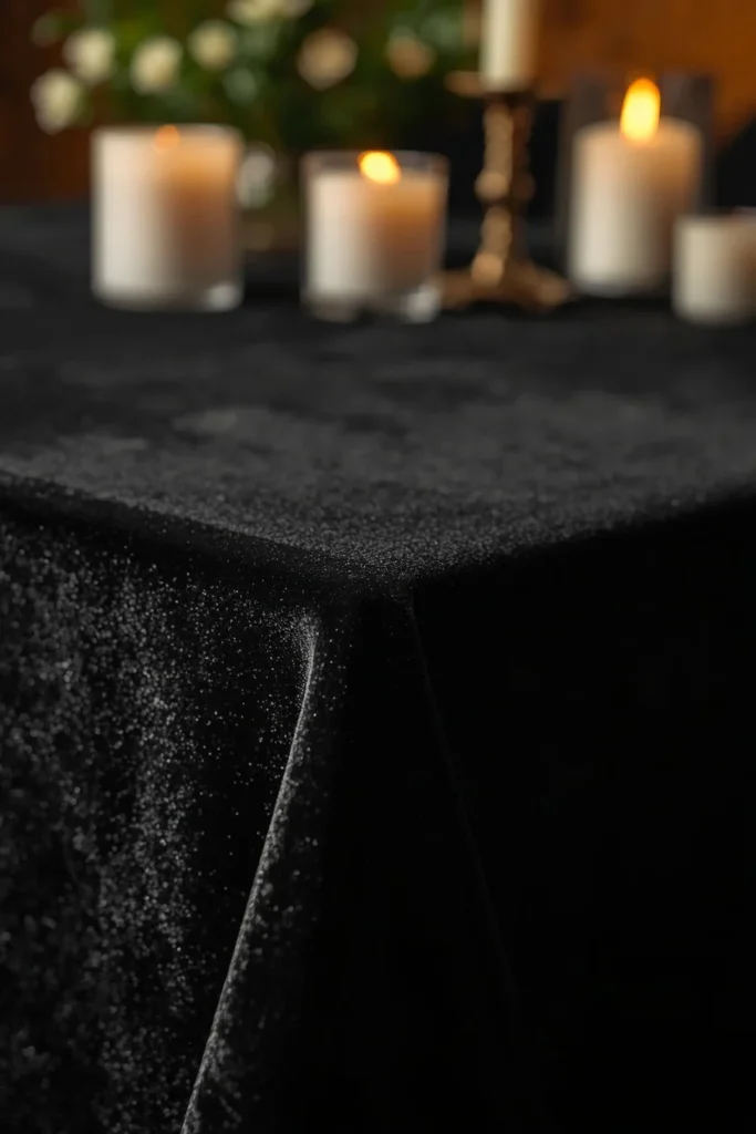  close-up dining table shot, featuring a black velvet tablecloth with subtle sheen pooling 