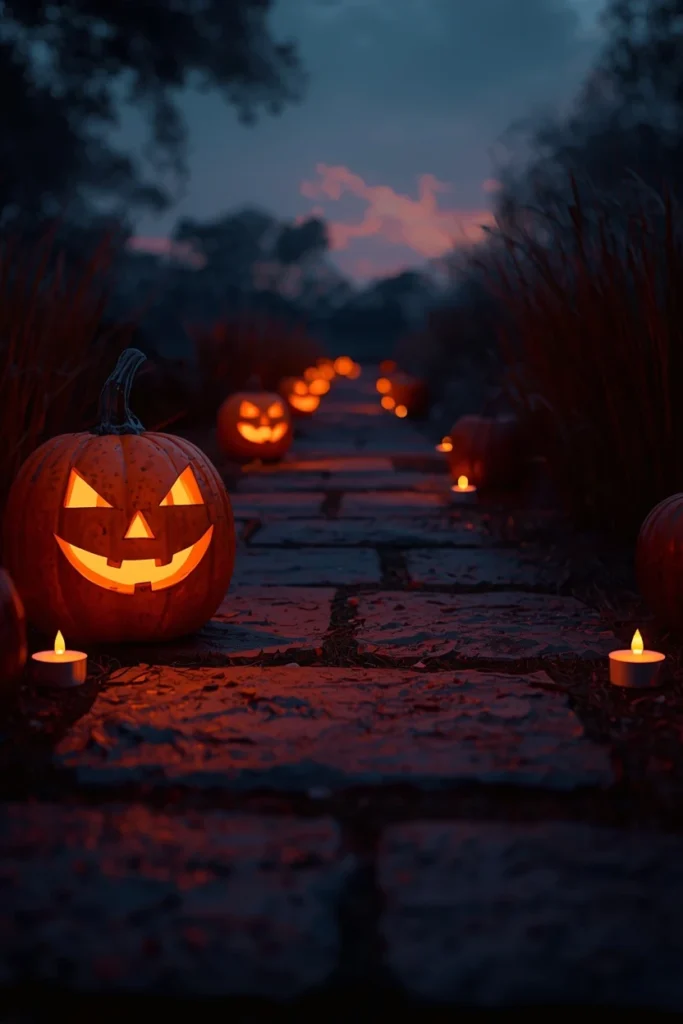 18 Halloween Walkway Ideas That Set the Spooky Mood Early 2 Halloween walkway, featuring a row of carved jack-o-lanterns