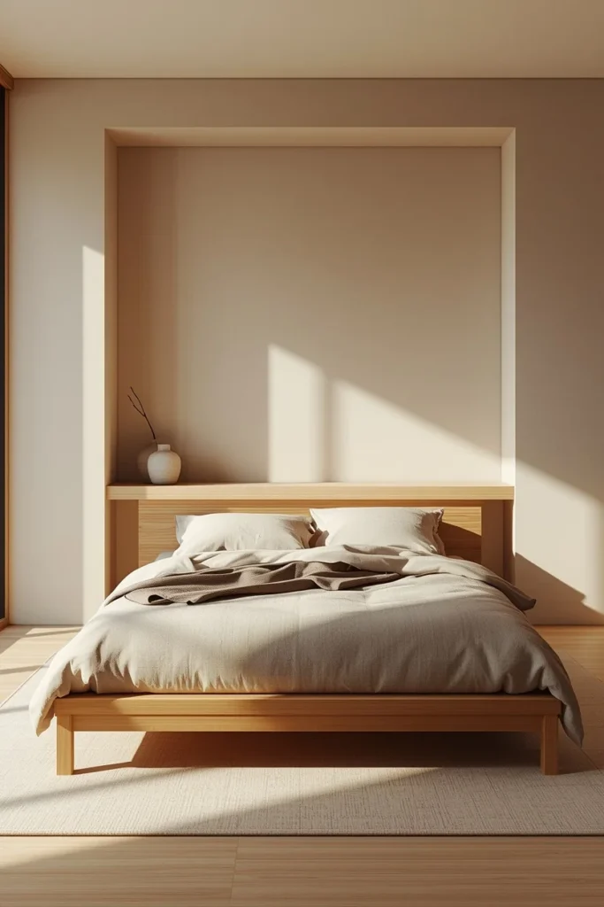 Japandi bedroom, featuring a low-profile solid oak platform bed with clean unadorned lines,
