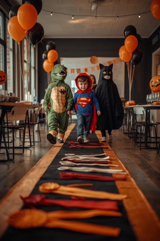 children's Halloween costume parade, featuring a row of kids 