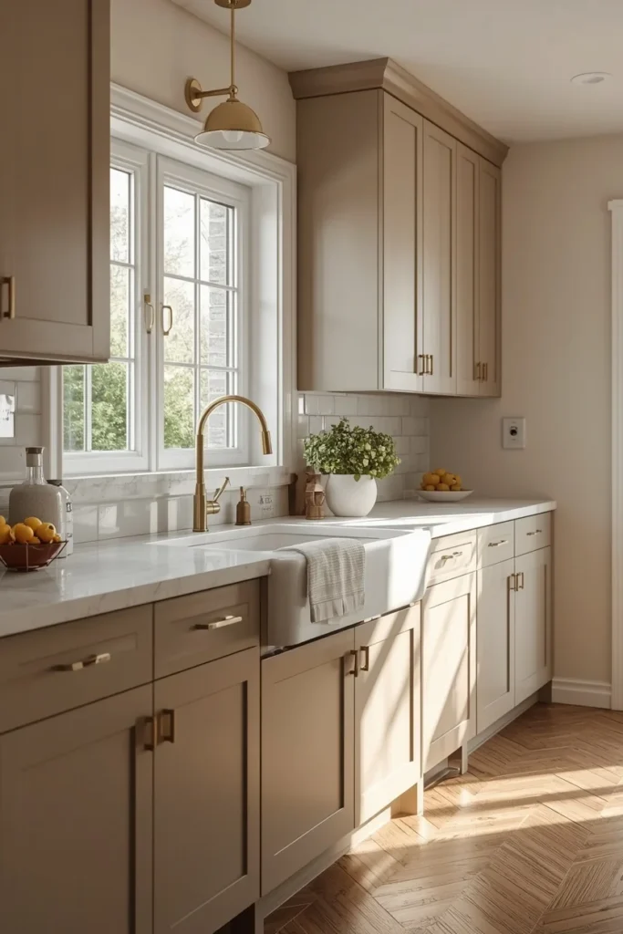 kitchen, featuring warm greige shaker cabinets, brushed brass hardware