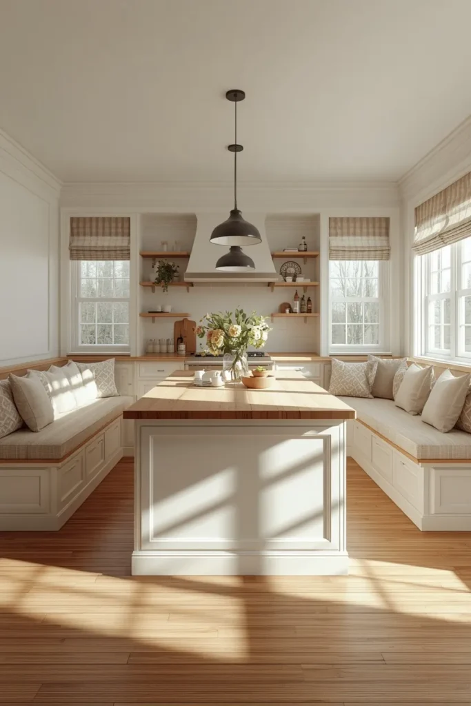  kitchen, featuring a large island with wraparound built-in bench seating