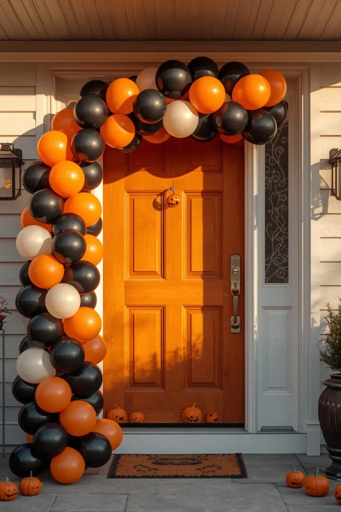 front door close-up, featuring a black, orange, and white balloon arch 