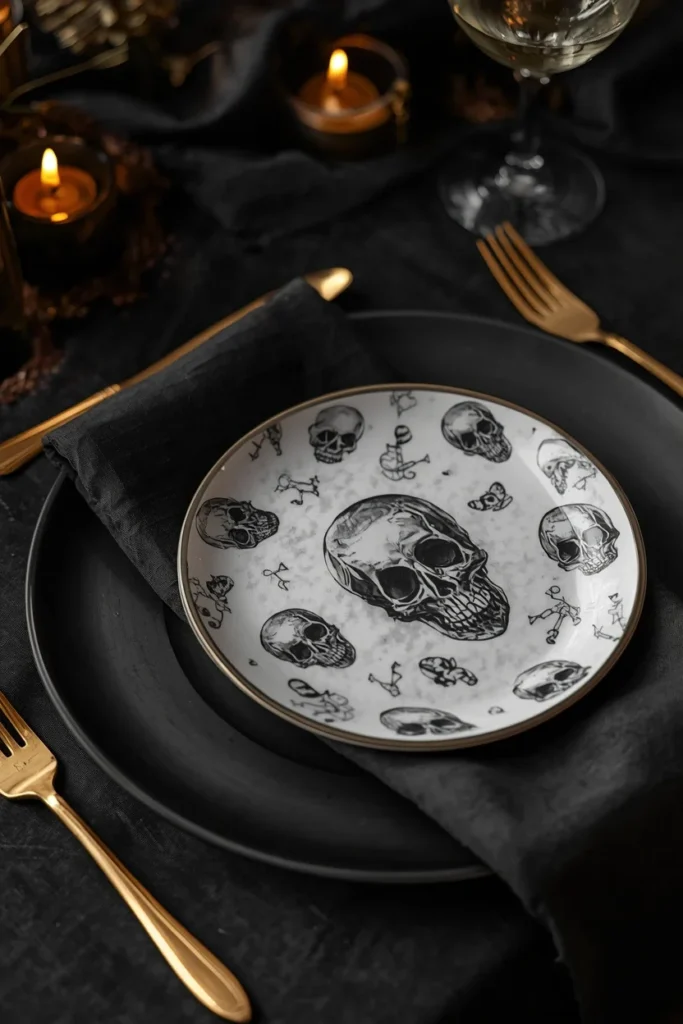 15 Last-Minute Halloween Tablescape Ideas That Look Planned 2 close-up place setting, featuring a black dinner plate topped