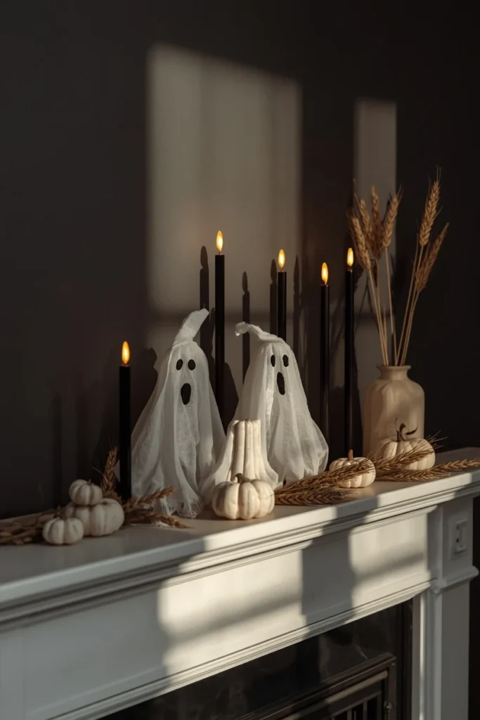 fireplace mantel, featuring a cluster of three white cheesecloth ghost figures 
