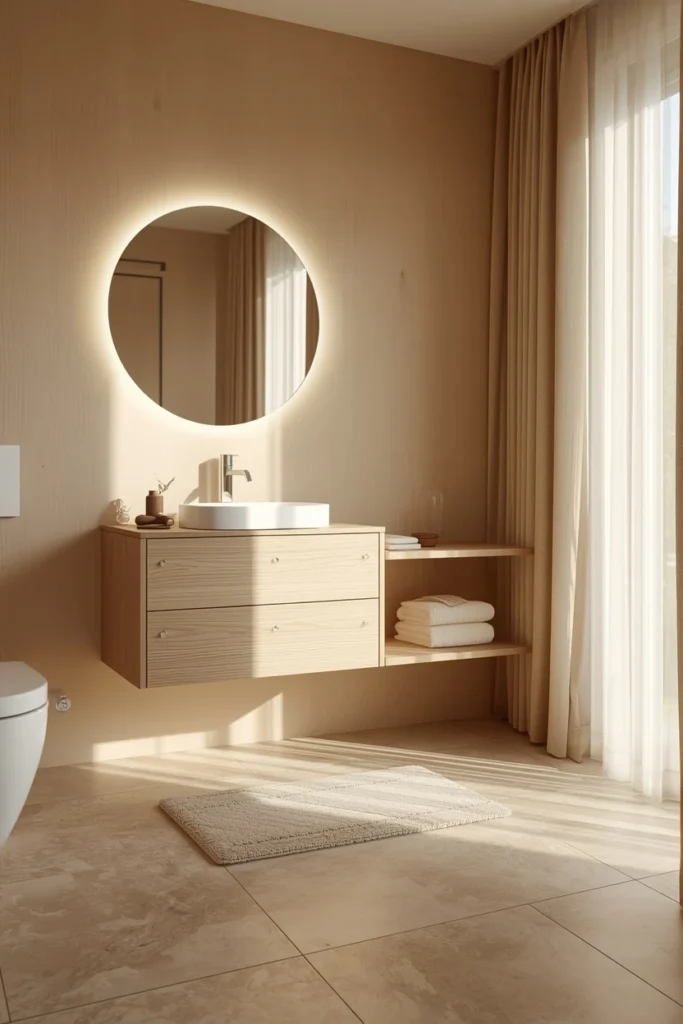 25 Modern Bathroom Designs That Look Like a 5-Star Spa Retreat 2 bathroom, featuring a floating white oak vanity, backlit round mirror,