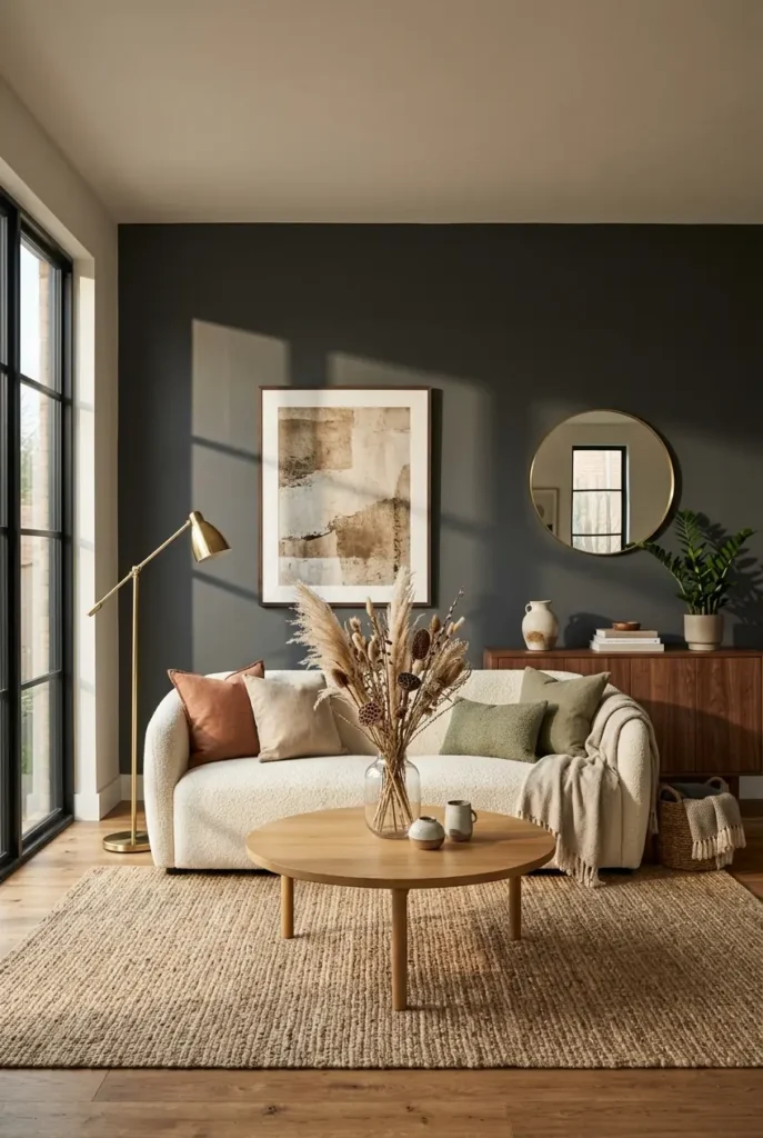  living room, featuring a deep charcoal painted accent wall 
