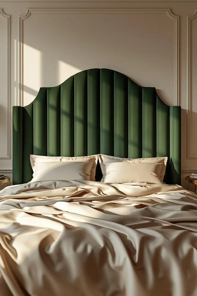  bedroom, featuring a tall channel-tufted emerald velvet headboard