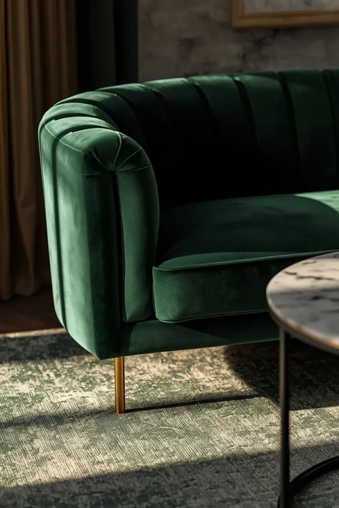  living room close-up, featuring a curved emerald green velvet sofa with slim brass legs,