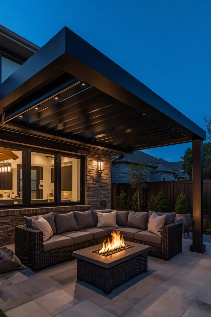 backyard patio, featuring a matte black aluminum pergola 