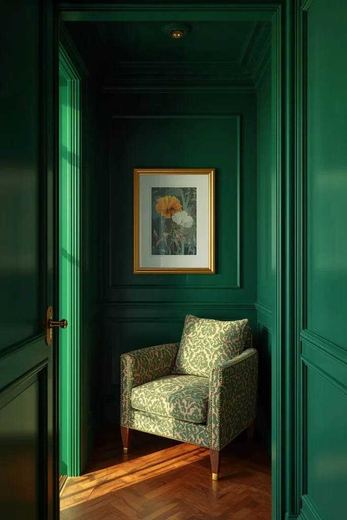 small apartment reading nook, featuring a corner painted entirely in deep emerald green