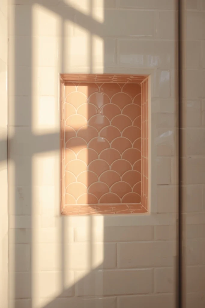 18 Scalloped Tile Ideas for a Soft, Statement-Making Bathroom 2 shower detail shot, featuring a recessed shower niche wrapped in soft blush