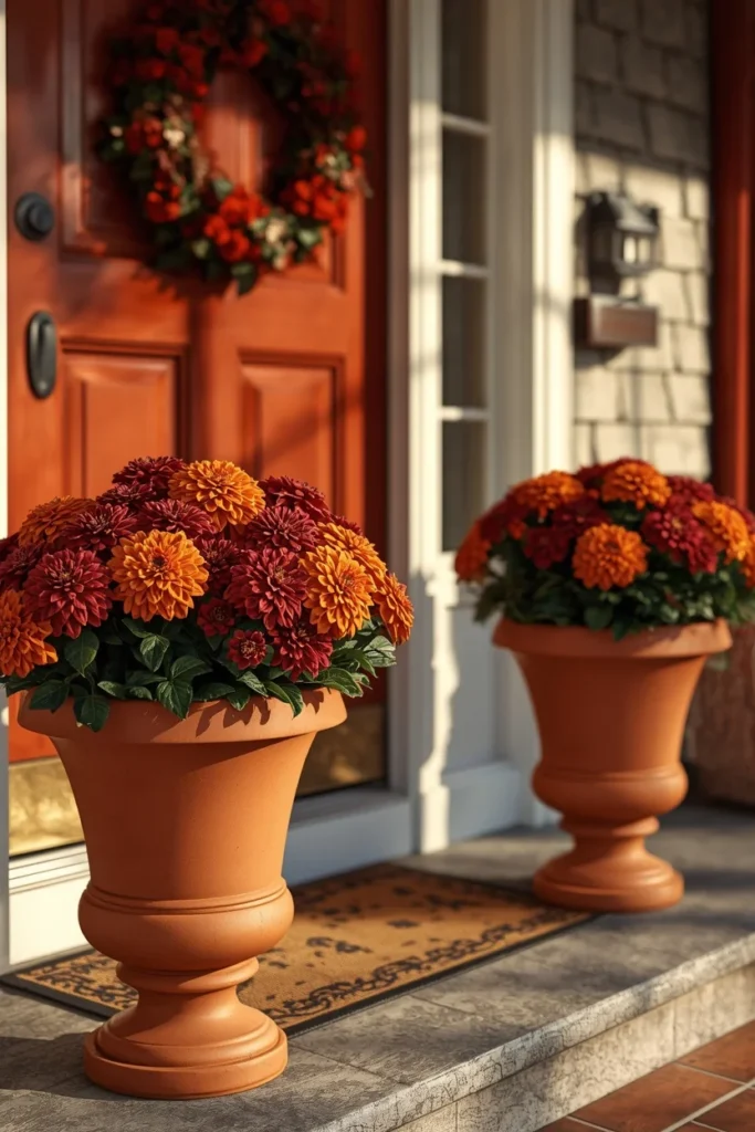 16 Simple Fall Porch Decor Ideas Anyone Can Pull Off This Season 2 front porch close-up, featuring two matching terracotta planters filled with burgundy and orange mums