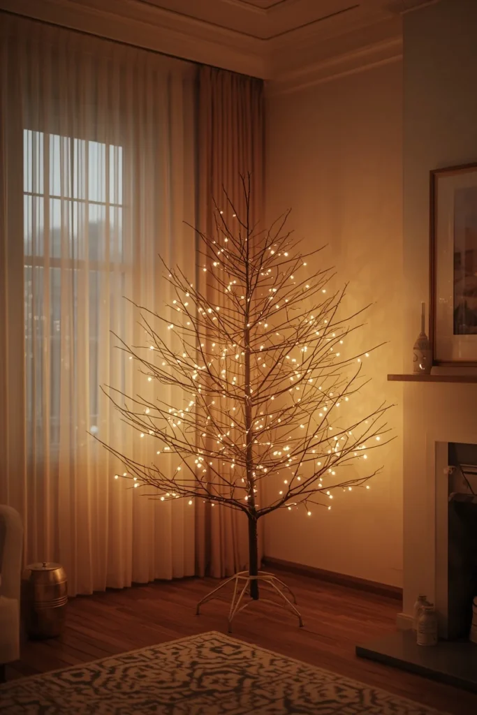 15 Simple Thanksgiving-to-Christmas Tree Transition Ideas 2 living room, featuring a bare Christmas tree lit only with warm white twinkle lights