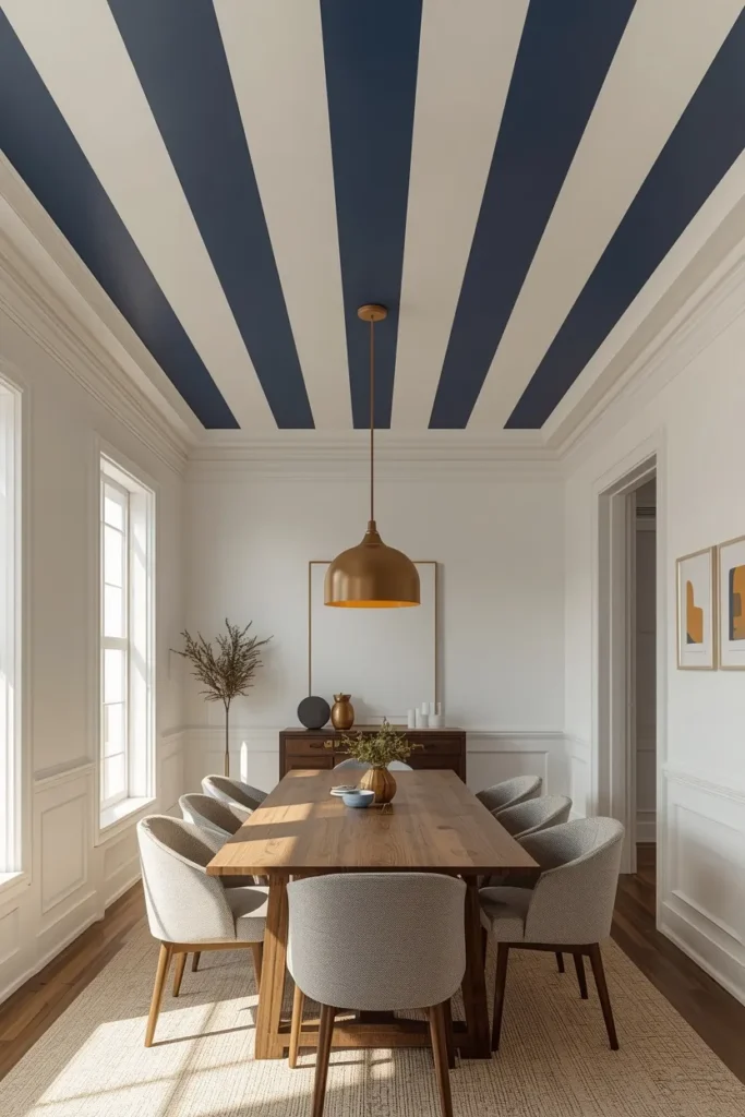 16 Striped Ceiling Ideas to Add Instant Personality Overhead 2 dining room, featuring a ceiling painted in bold alternating stripes of deep navy