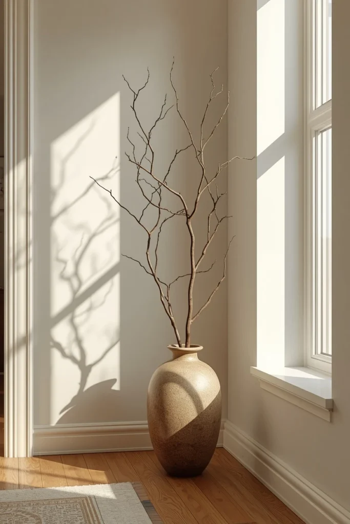 17 Understated Fall Decor Ideas for a Minimal, Modern Home 2 living room corner shot, featuring a single sculptural bare branch