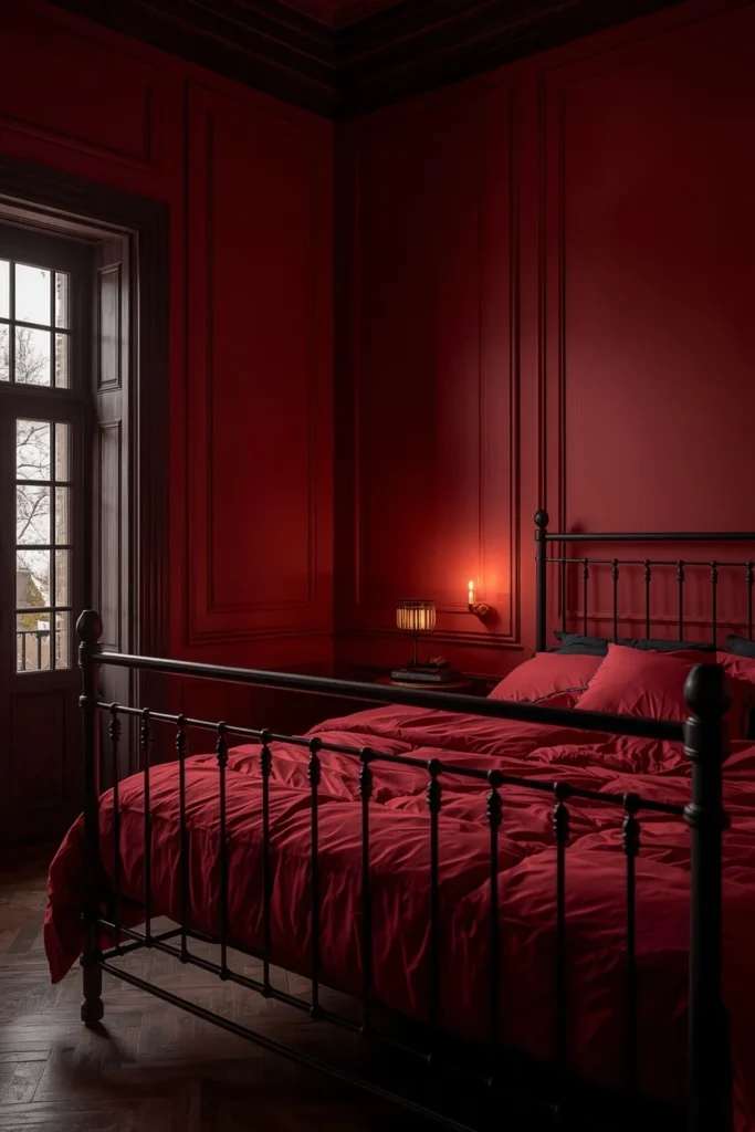 21 Vampy Romantic Bedroom Ideas for a Moody, Gothic-Chic Retreat 2 bedroom shot, featuring deep oxblood red painted walls with dark wood trim