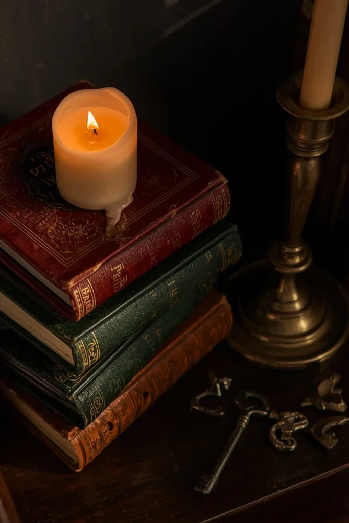 23 Vintage Halloween Decor Ideas That Look Straight Out of an Old Storybook 2 close-up of a candlelit book stack, featuring worn leather-bound antique