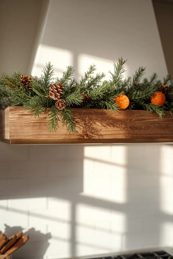 19 Ways to Decorate a Farmhouse Kitchen for Christmas (Cozy, Budget-Friendly Ideas) 2 farmhouse kitchen range hood, featuring layered cedar and pine garland
