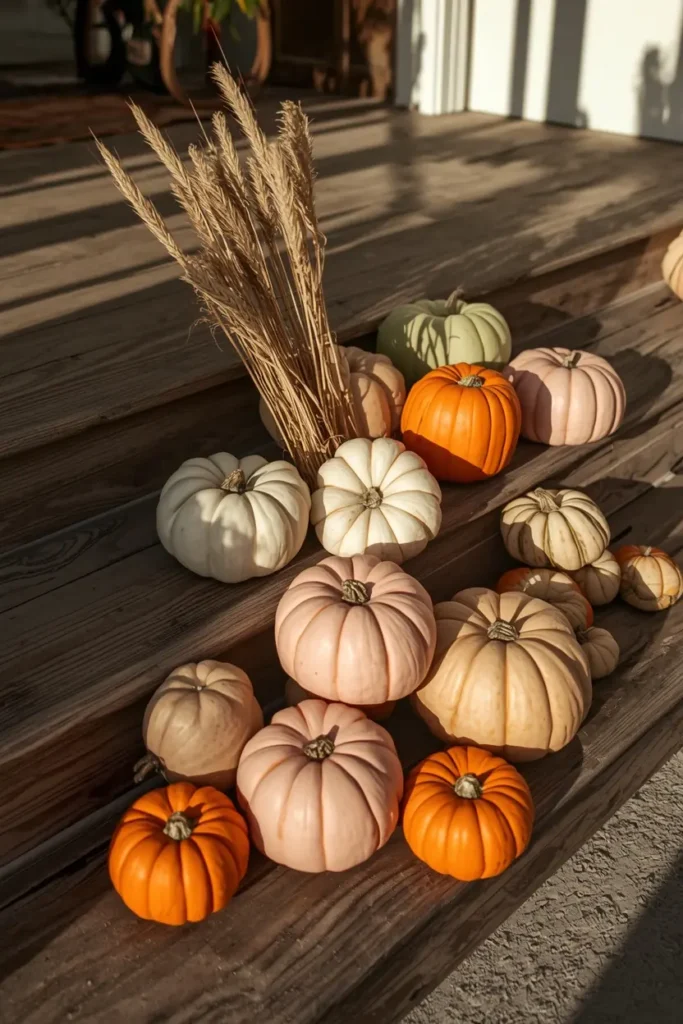 25 Whimsical Halloween Decor Ideas That Feel Spooky and Cute 2 front porch steps, featuring clusters of blush pink, cream, and sage green pumpkins