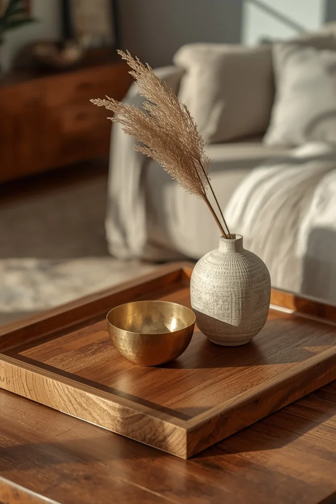 17 Afrobohemian Living Room Ideas That Feel Like a Global Getaway 11 living room coffee table, featuring a hand-carved wood tray, a hammered brass bowl,