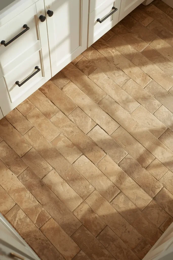 18 Bathroom Tile Ideas That Are Bold Enough to Transform Everything 11 bathroom floor, featuring honey-toned stone herringbone brick tile